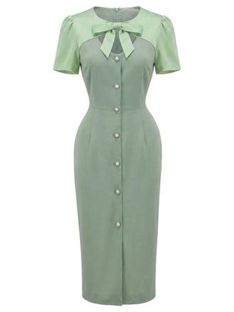 Grünes 60er Bleistiftkleid mit Schleife und Farbblock