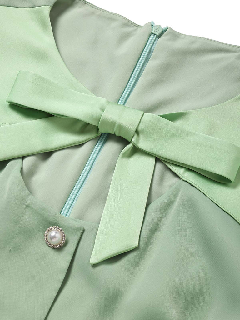 Grünes 60er Bleistiftkleid mit Schleife und Farbblock