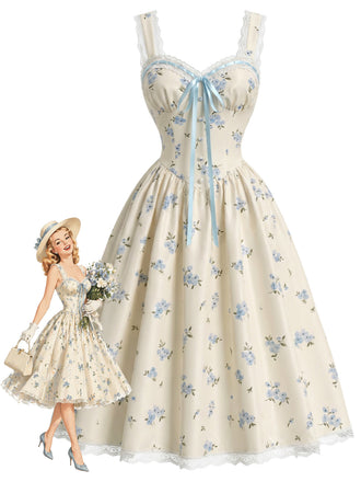 [Pre-Sale] Light Blue 1950s Polka Dot Floral Ruffle Dress