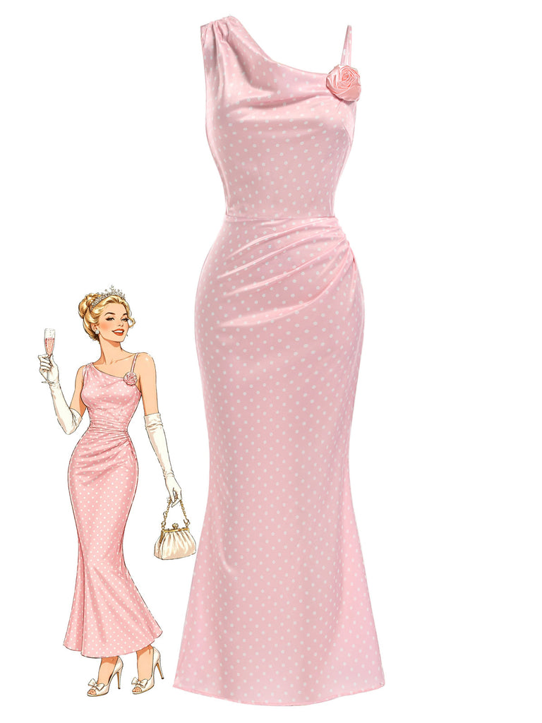 Rosa & Rosa 30er Satin-Meerjungfrauenkleid mit Polka-Dots und 3D