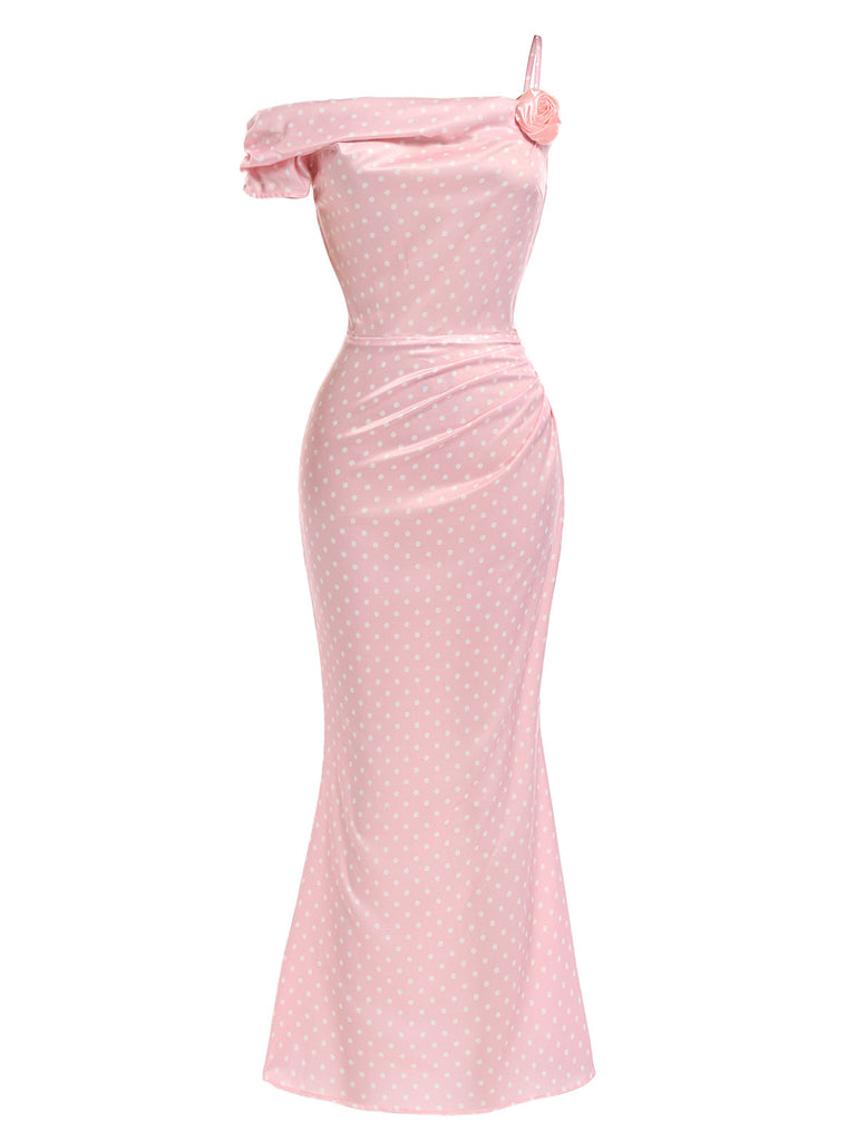 Rosa & Rosa 30er Satin-Meerjungfrauenkleid mit Polka-Dots und 3D