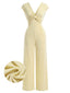 [Vorverkauf] Goldener 70er Strick-Jumpsuit mit Twist-Front und weitem Bein