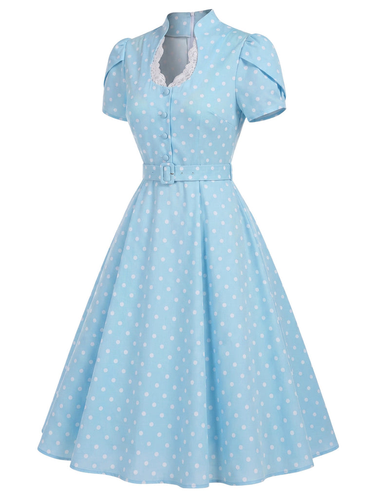 Blaues 50er Kleid mit Tulpenärmel und Polka-Dots