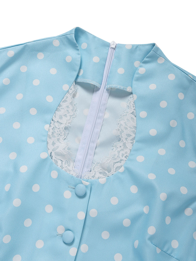 Blaues 50er Kleid mit Tulpenärmel und Polka-Dots