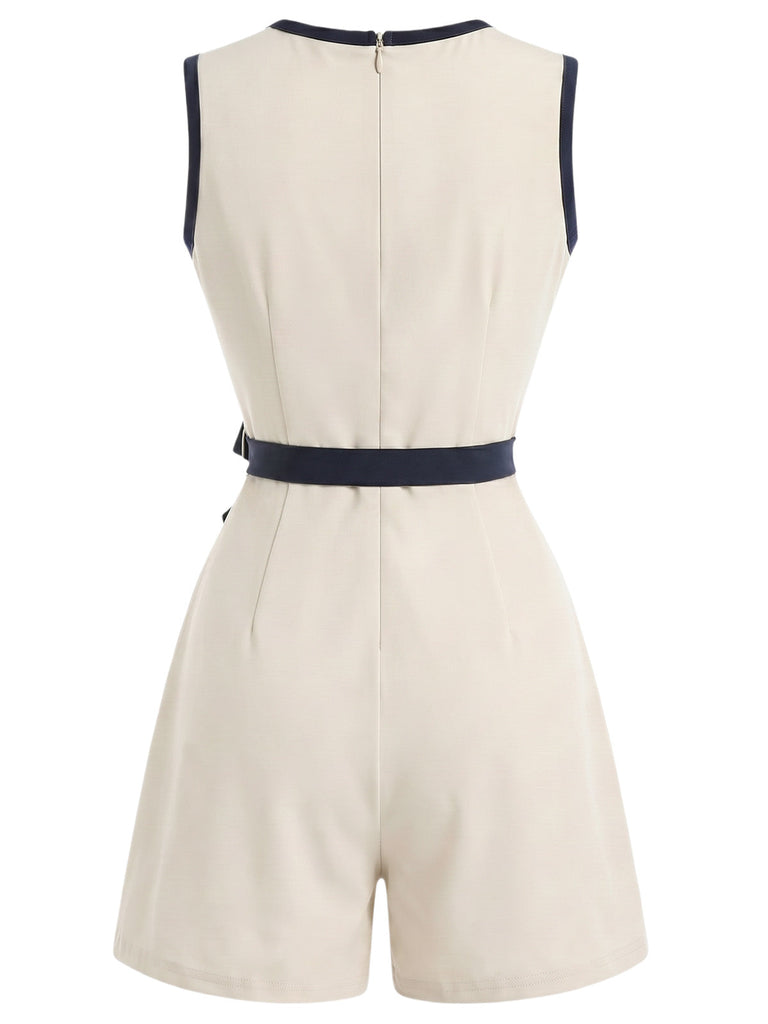 Beige 70er Romper mit Schleife und Besatz