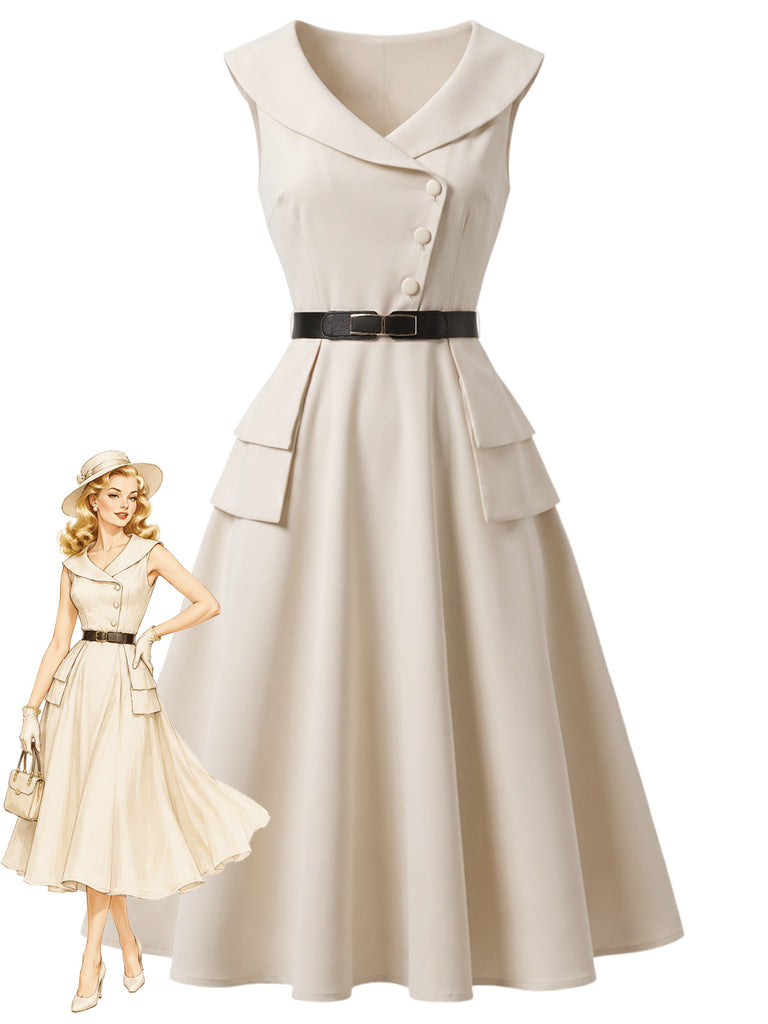 [Vorverkauf] Beige 50er Swingkleid mit Reverskragen und Gürtel