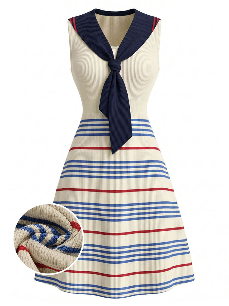 Cremefarbenes 70er Sailor Strick-Kleid mit Streifen