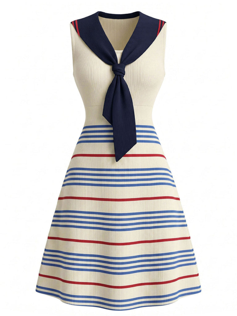 Cremefarbenes 70er Sailor Strick-Kleid mit Streifen