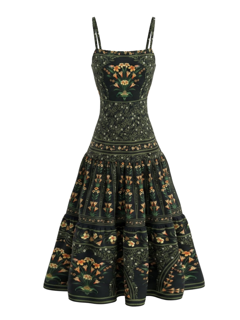 Dunkelgrünes 70er Maxikleid mit Spaghettiträger und Blumen