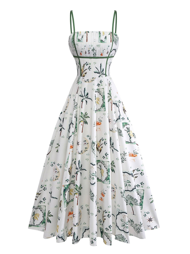 Weißes & Grünes 50er Midikleid mit Spaghettiträger und Schlag