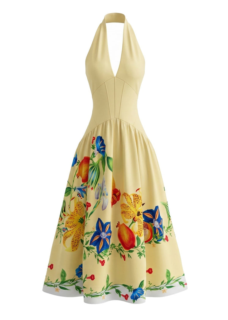 Gelbes 50er Kleid mit Neckholder und Blumen