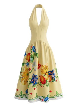 Gelbes 50er Kleid mit Neckholder und Blumen