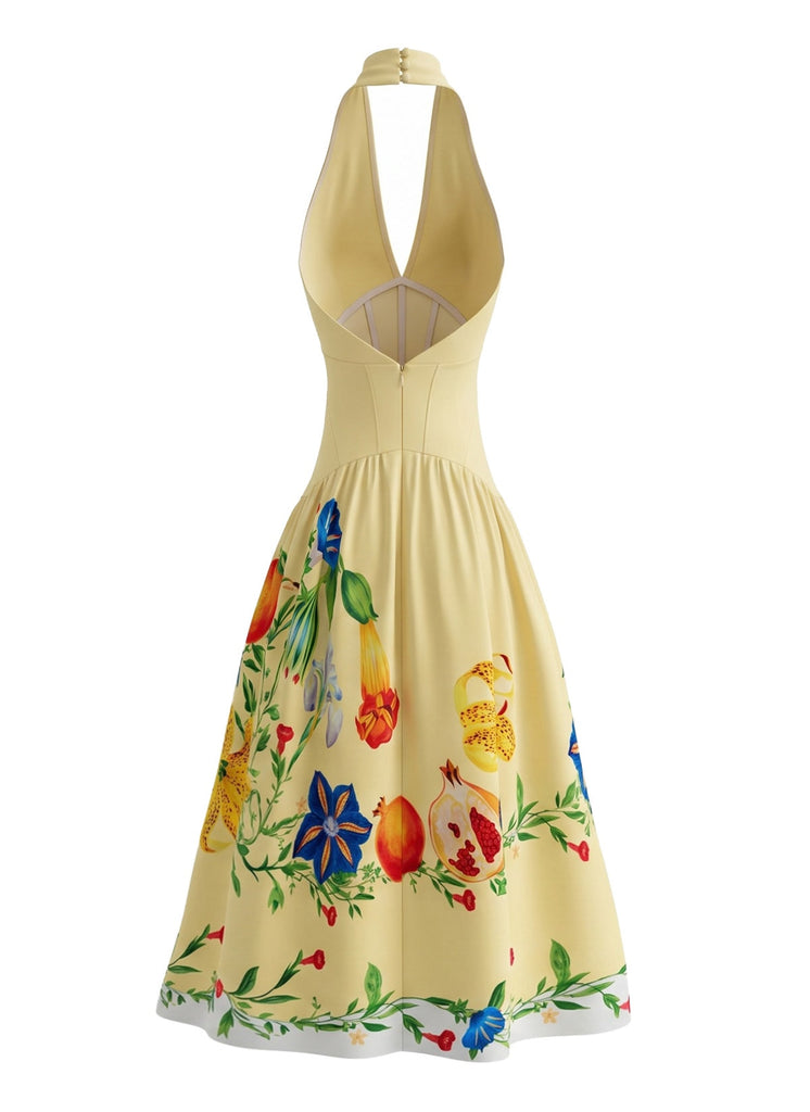 Gelbes 50er Kleid mit Neckholder und Blumen