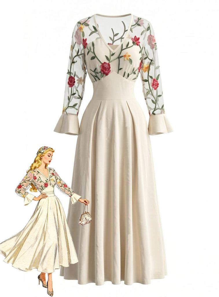 50er Maxikleid mit Blumenstickerei und transparenten Ärmeln