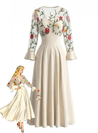 50er Maxikleid mit Blumenstickerei und transparenten Ärmeln