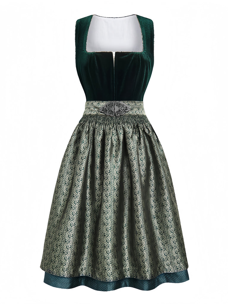 Grünes 50er Jacquard-Kleid mit Eckiger Ausschnitt und Samt