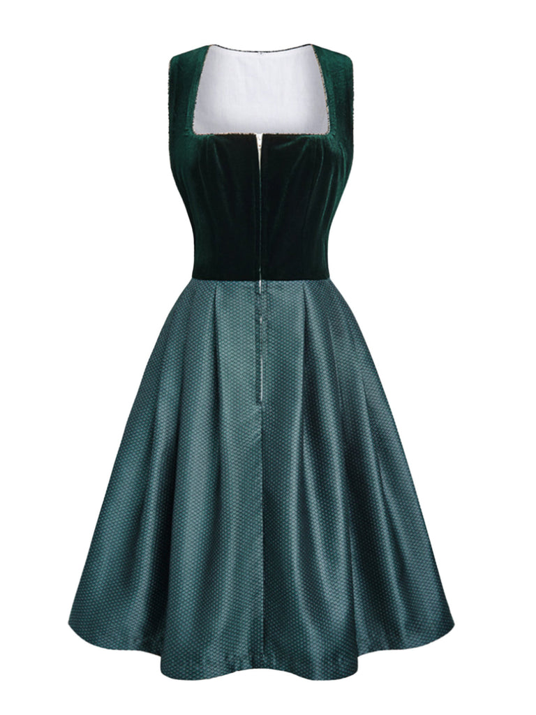 Grünes 50er Jacquard-Kleid mit Eckiger Ausschnitt und Samt
