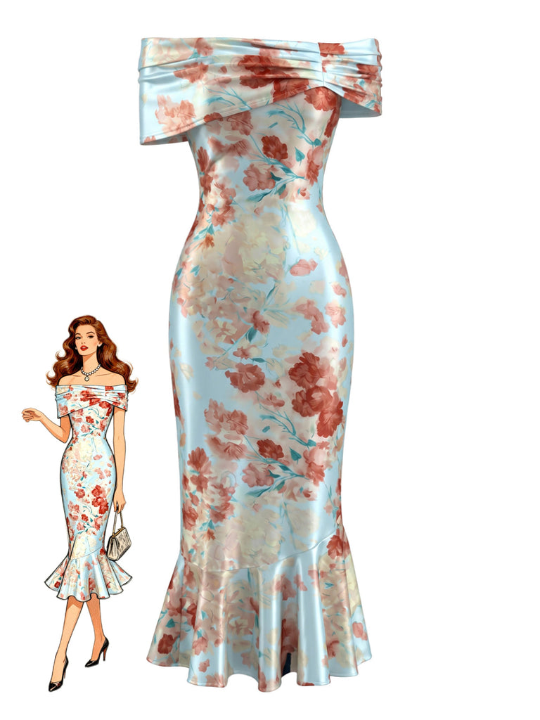 Hellblaues 30er Satin-Meerjungfrauenkleid mit Blumen