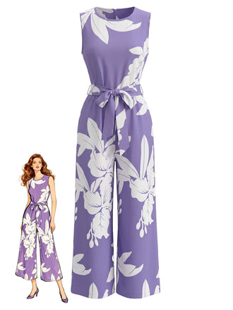Lila 30er ärmelloser Jumpsuit mit Blumen-Print