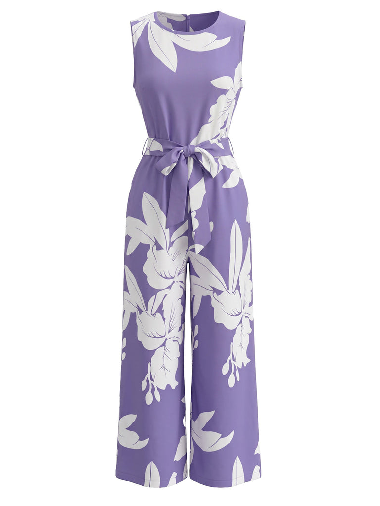 Lila 30er ärmelloser Jumpsuit mit Blumen-Print