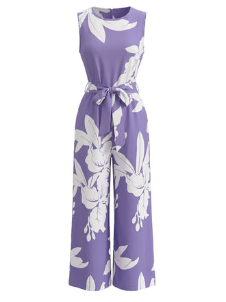 Lila 30er ärmelloser Jumpsuit mit Blumen-Print