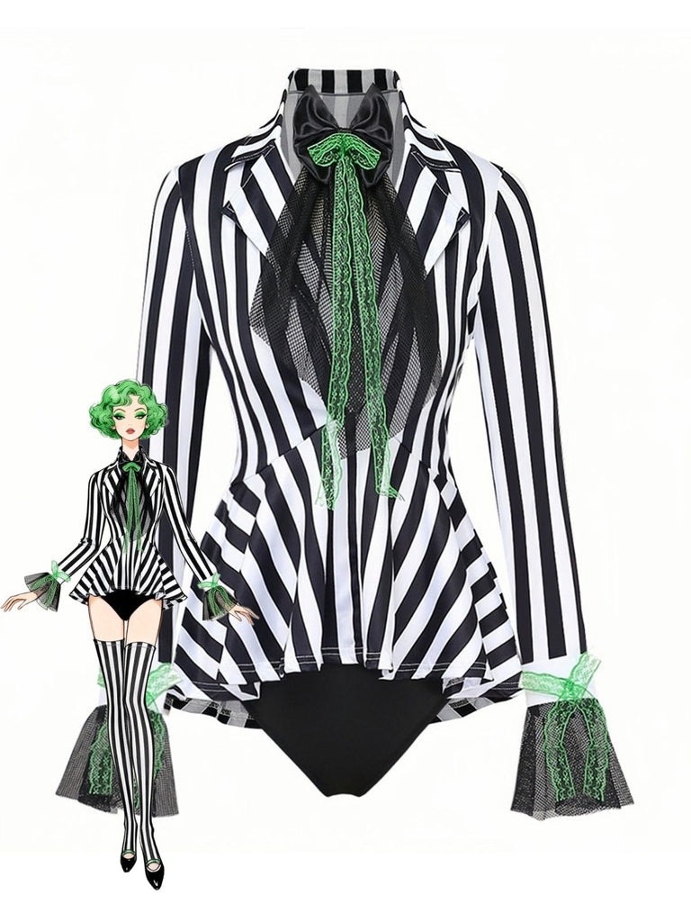 50er Beetlejuice-inspiriertes Bodysuit-Kostüm mit Streifen