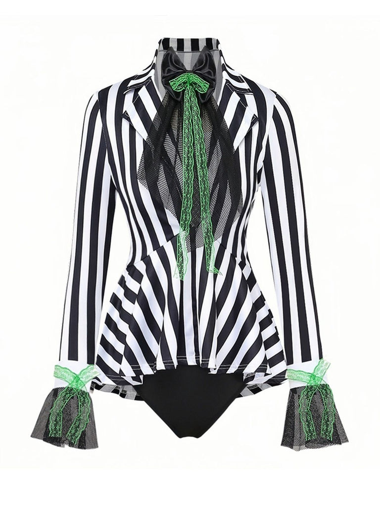 50er Beetlejuice-inspiriertes Bodysuit-Kostüm mit Streifen
