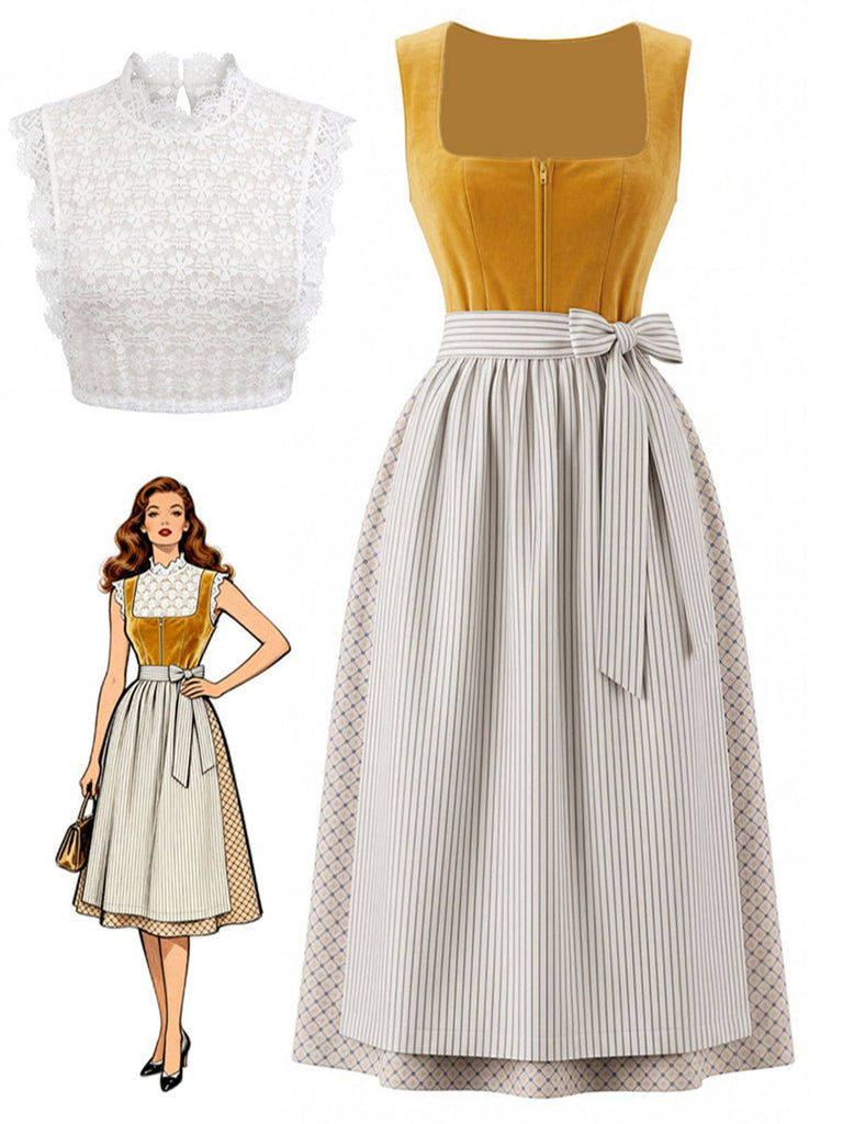 Gelbes 50er Kleid mit Eckiger Ausschnitt und Spitze