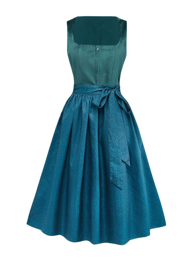 Blaugrünes 2-teiliges 50er Kleid mit Blumen-Schürze
