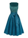 Blaugrünes 2-teiliges 50er Kleid mit Blumen-Schürze