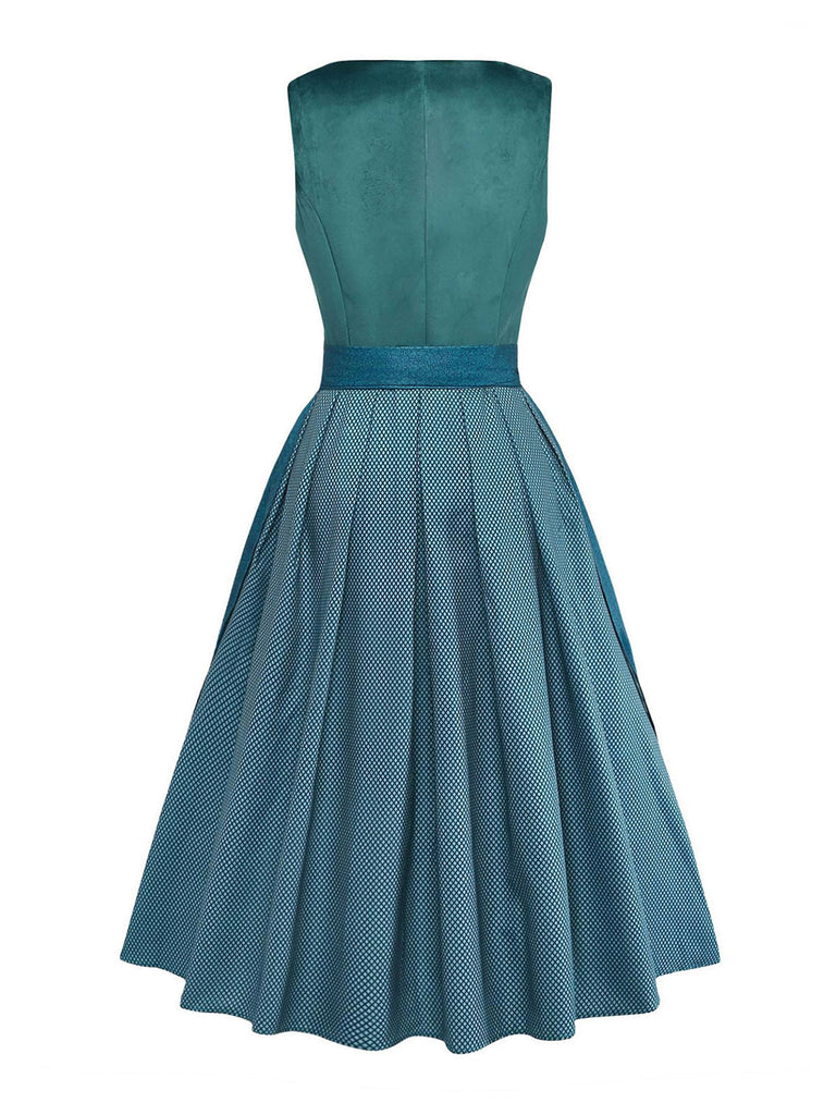 Blaugrünes 2-teiliges 50er Kleid mit Blumen-Schürze