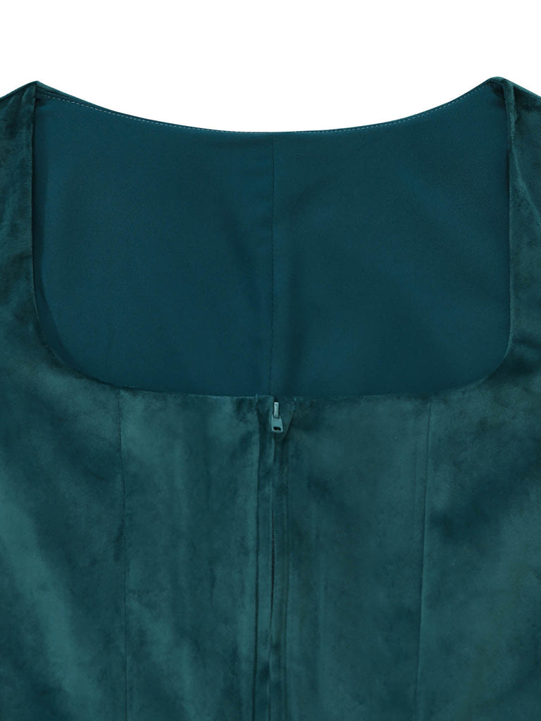 Blaugrünes 2-teiliges 50er Kleid mit Blumen-Schürze