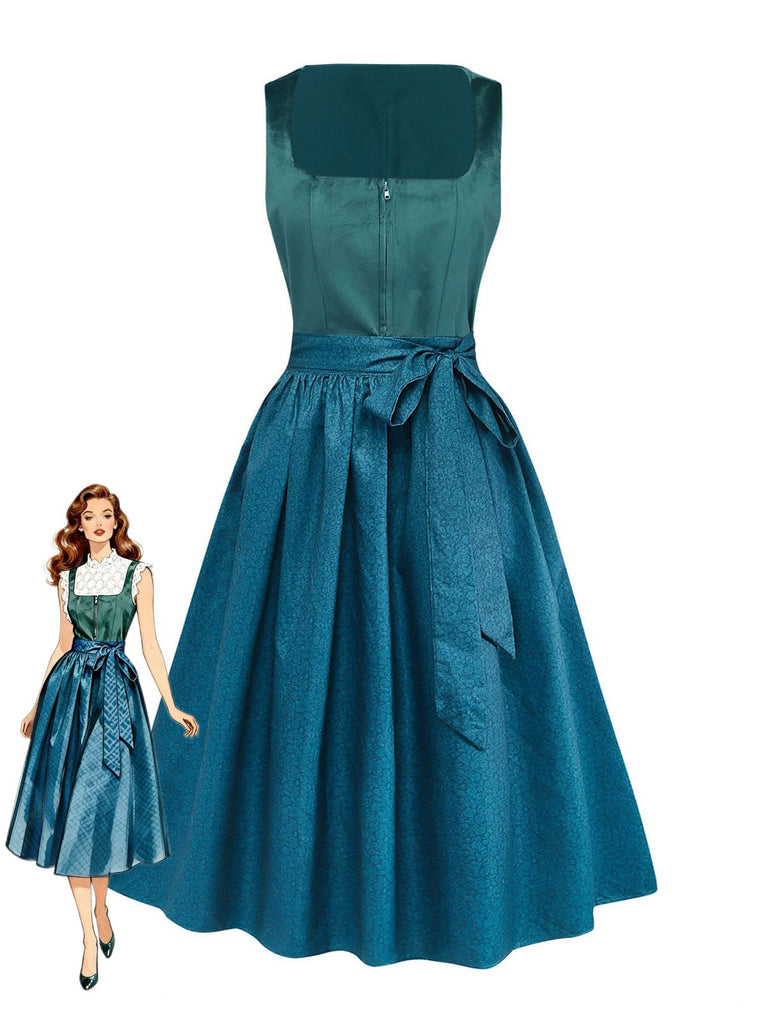 Blaugrünes 2-teiliges 50er Kleid mit Blumen-Schürze