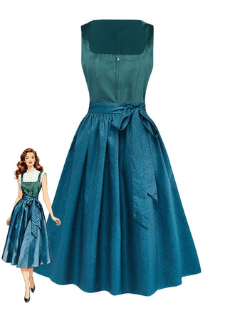 Blaugrünes 2-teiliges 50er Kleid mit Blumen-Schürze