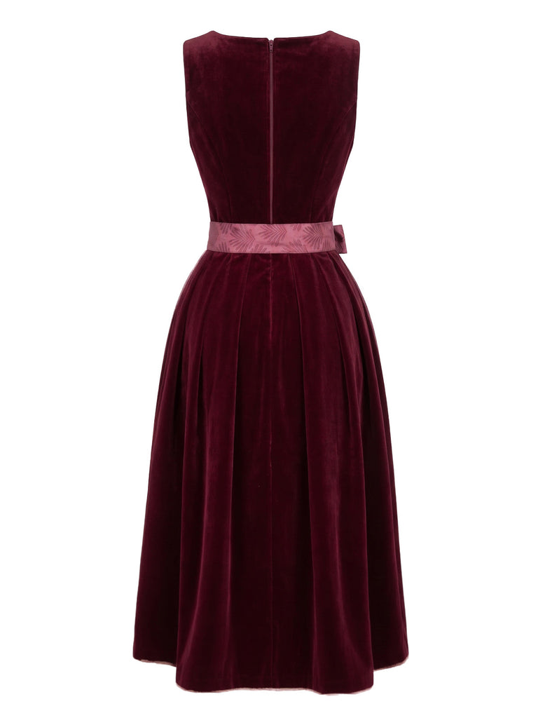 Weinrotes 50er 3PCS Kleid mit Samt und Schürze