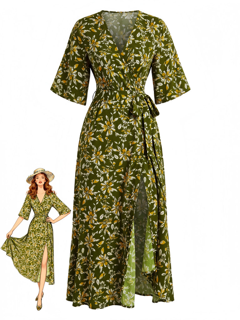 70er Boho Midikleid mit Blumen-Print und V-Ausschnitt