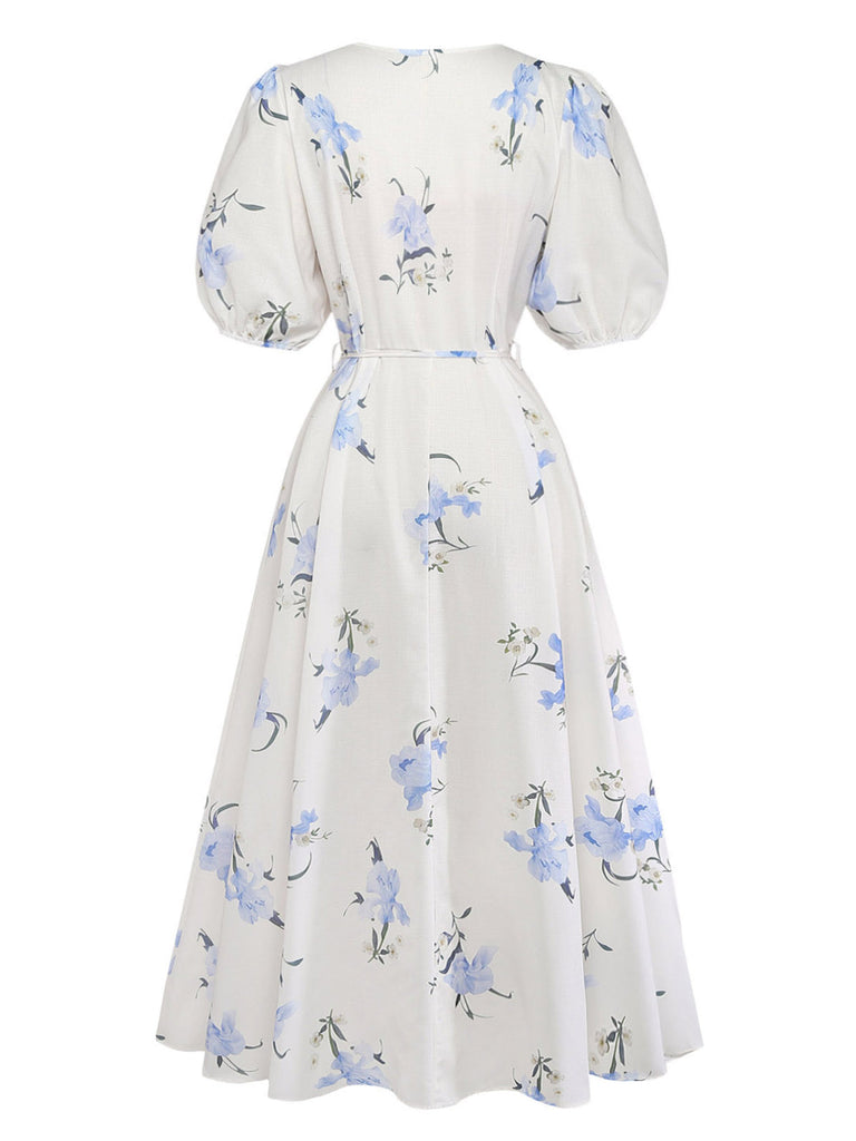 Beige 1940s Floral V Neck Dress 2