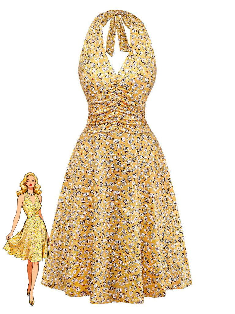 Gelbes 50er Kleid mit Streublumen und Neckholder