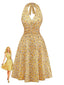 Gelbes 50er Kleid mit Streublumen und Neckholder