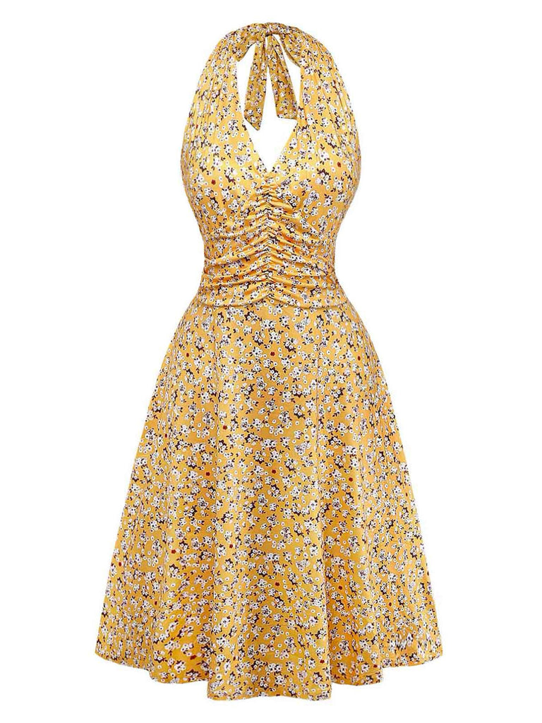Gelbes 50er Kleid mit Streublumen und Neckholder