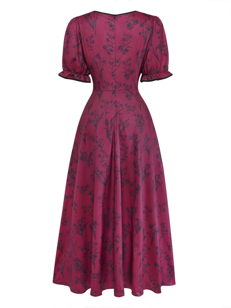 Weinrotes 40er Maxikleid mit Blumen-Print und Eckiger Ausschnitt