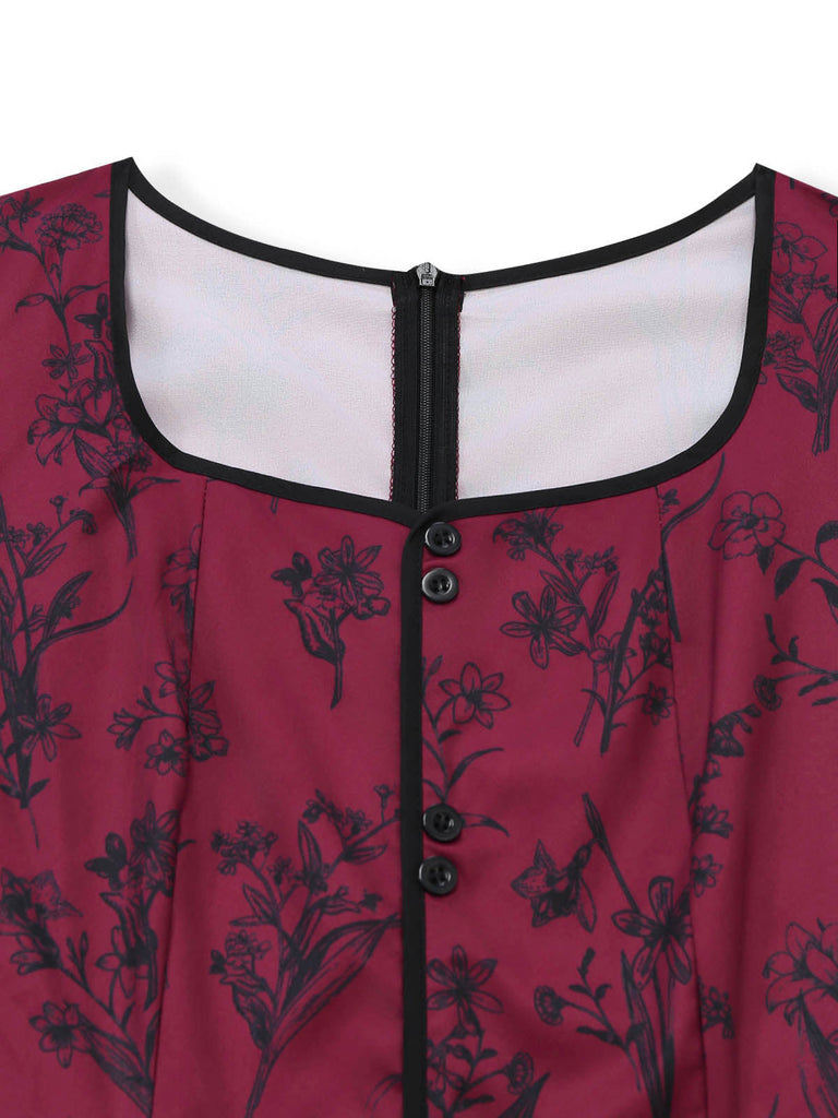 Weinrotes 40er Maxikleid mit Blumen-Print und Eckiger Ausschnitt