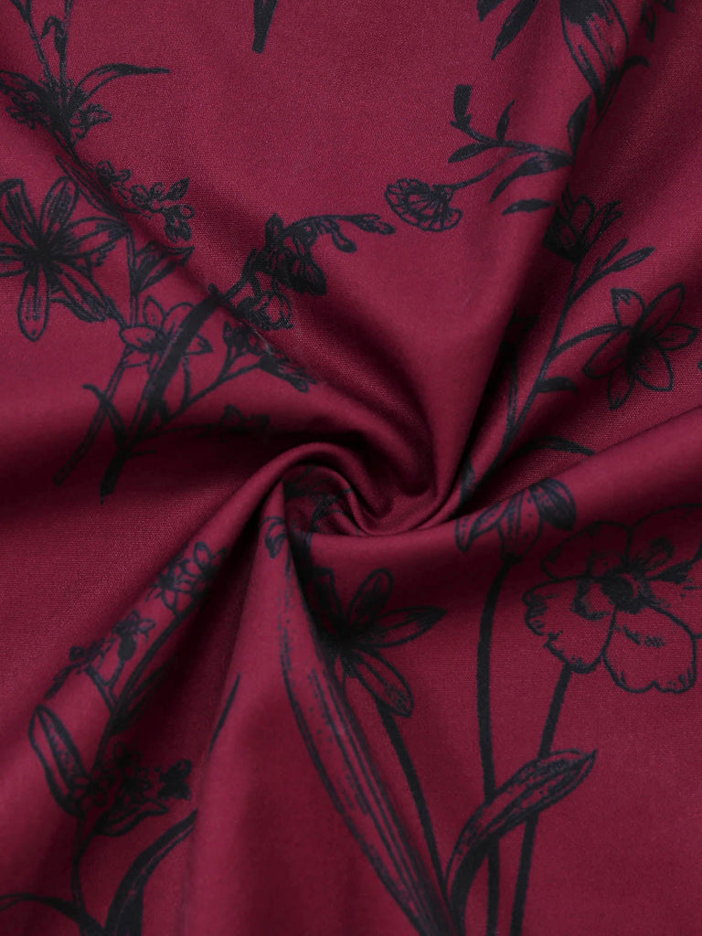 Weinrotes 40er Maxikleid mit Blumen-Print und Eckiger Ausschnitt