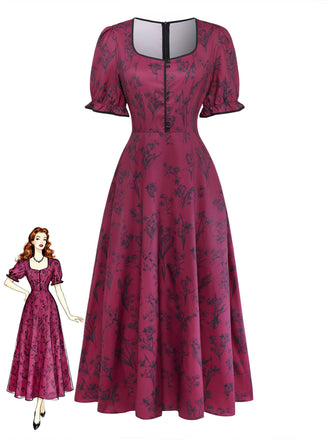 Weinrotes 40er Maxikleid mit Blumen-Print und Eckiger Ausschnitt