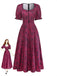 Weinrotes 40er Maxikleid mit Blumen-Print und Eckiger Ausschnitt