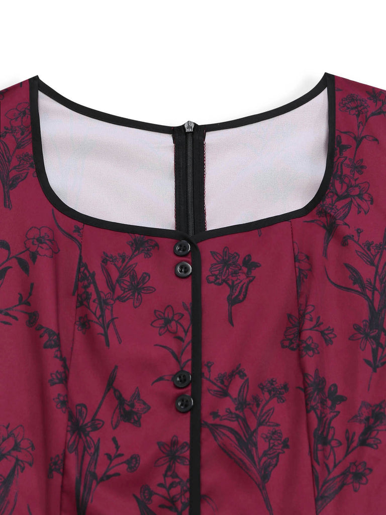 Weinrotes 40er Maxikleid mit Blumen-Print und Eckiger Ausschnitt