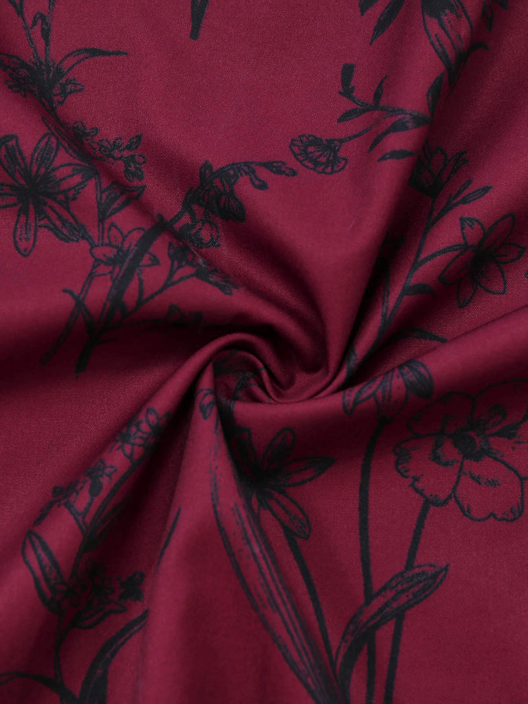 Weinrotes 40er Maxikleid mit Blumen-Print und Eckiger Ausschnitt
