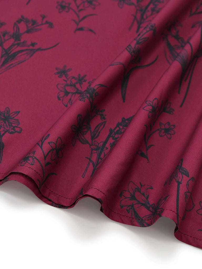 Weinrotes 40er Maxikleid mit Blumen-Print und Eckiger Ausschnitt