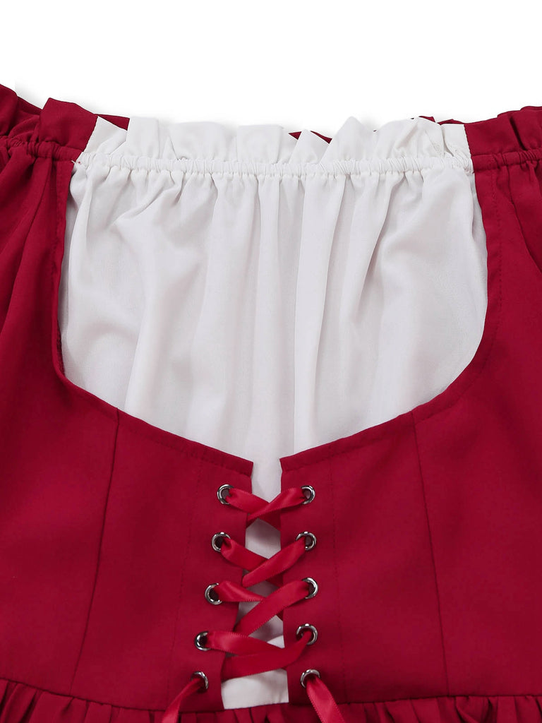 Rotes 30er schulterfreies Renaissance-Kleid mit Glockenärmeln