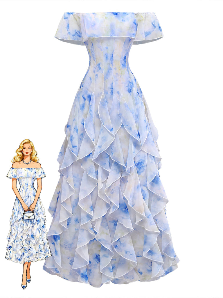 30er schulterfreies Maxikleid mit Blumen und Rüschen